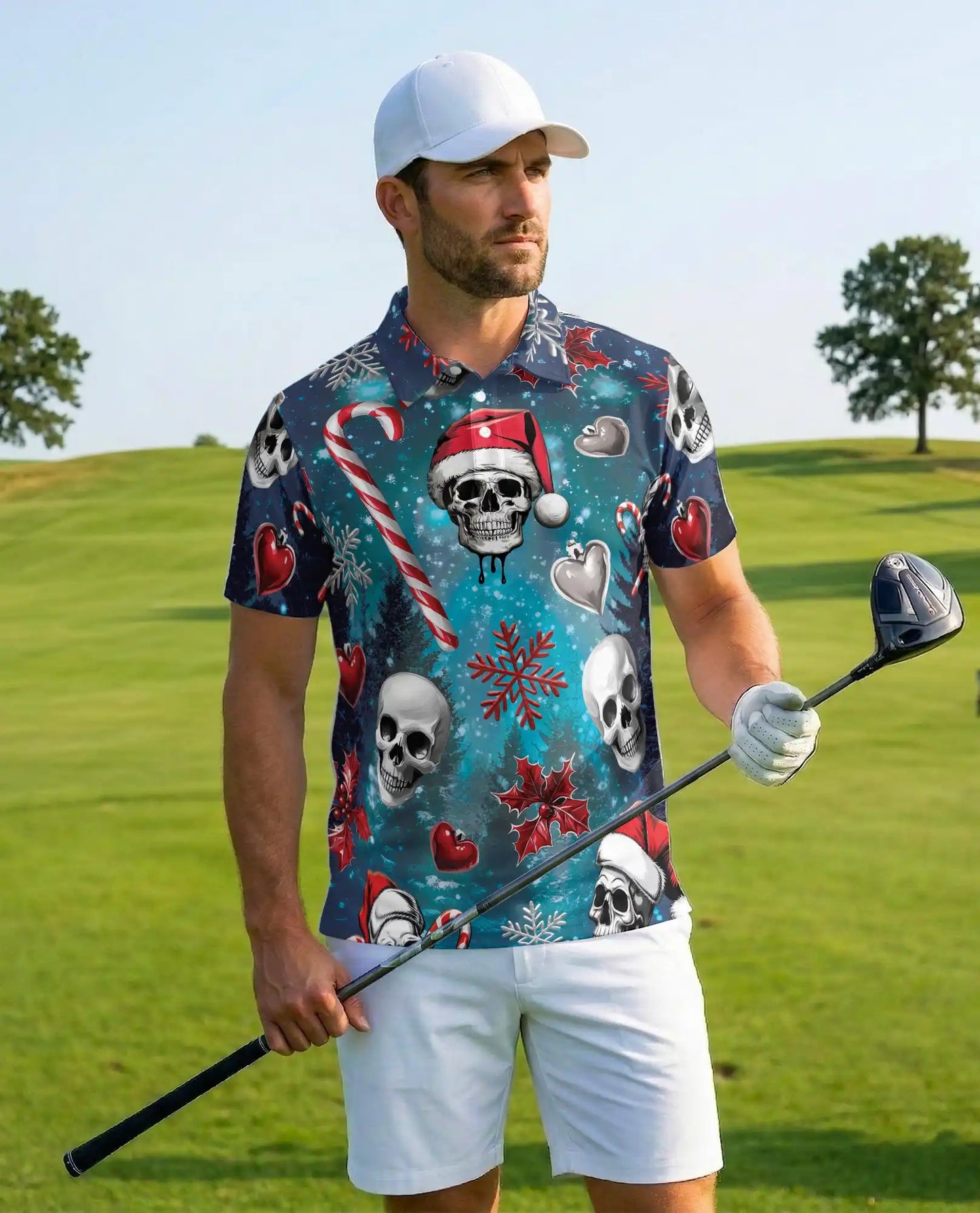 Christmas Skull 3D Polo Shirt for Men, Gothic Holiday Horror Style | Azhawaiian