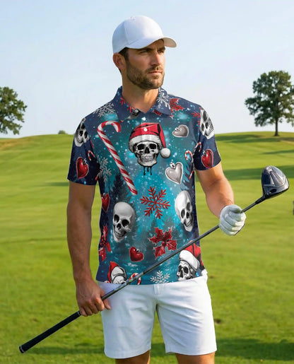 Christmas Skull 3D Polo Shirt for Men, Gothic Holiday Horror Style | Azhawaiian
