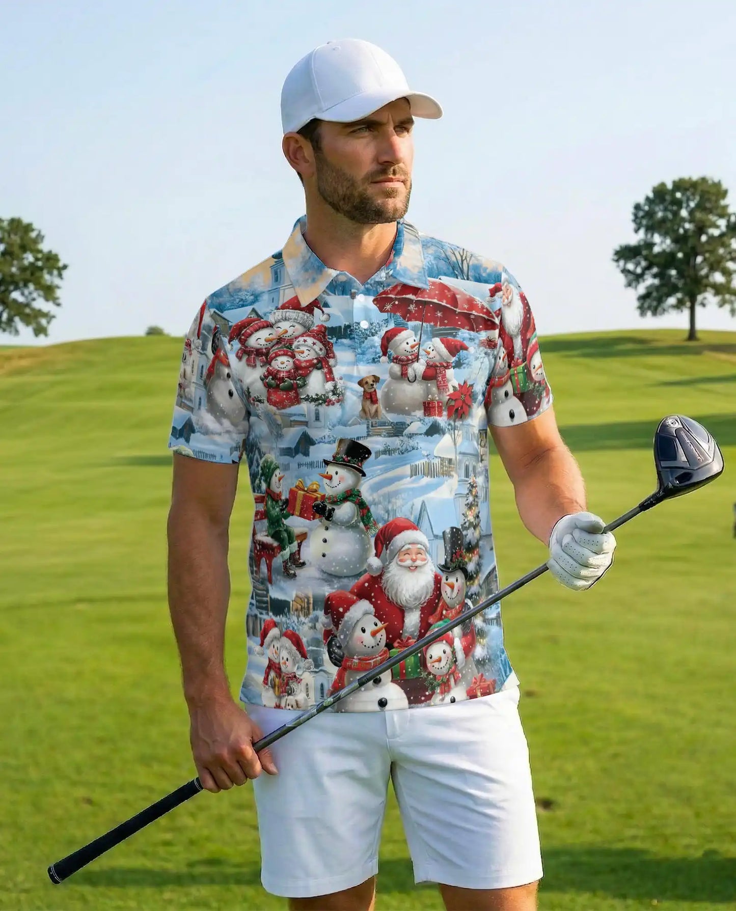 Snowman Christmas Polo Shirt, Winter Holiday Print | Azhawaiian