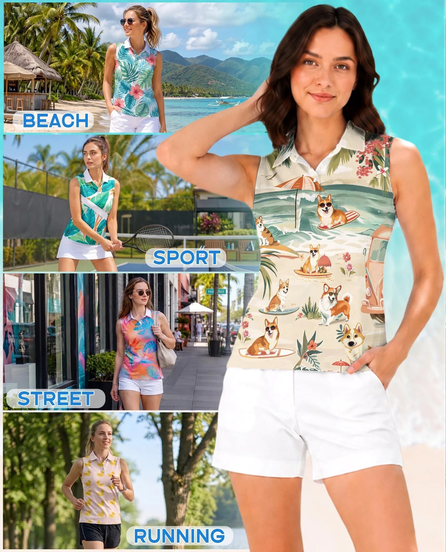 Corgi Summer Beach Sleeveless Polo Shirt for Women | Azhawaiian