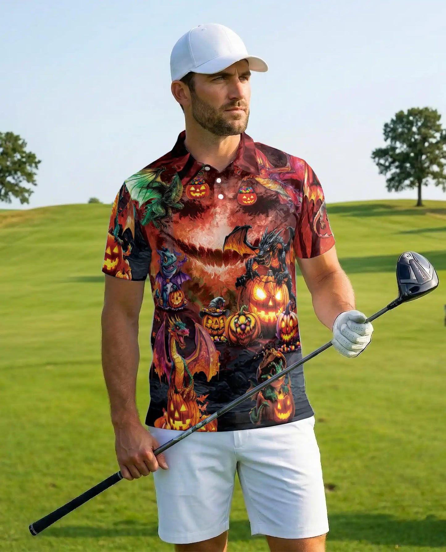 Halloween Dragon Polo Shirt for Men, Spooky Pumpkin Fire Style | Azhawaiian