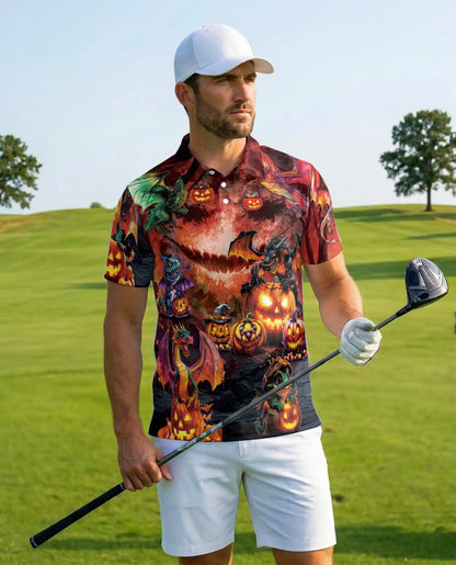 Halloween Dragon Polo Shirt for Men, Spooky Pumpkin Fire Style | Azhawaiian