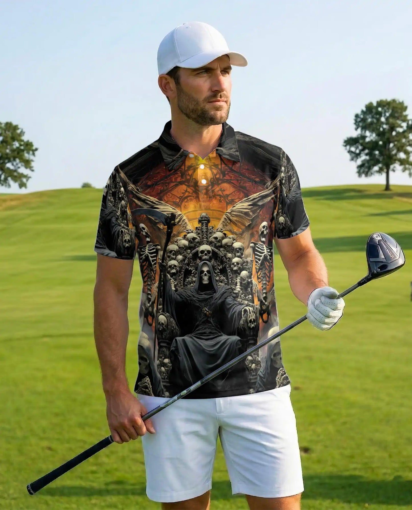 Grim Reaper Skull Polo Shirt for Men, Gothic Skeleton Throne | Azhawaiian