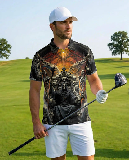 Grim Reaper Skull Polo Shirt for Men, Gothic Skeleton Throne | Azhawaiian