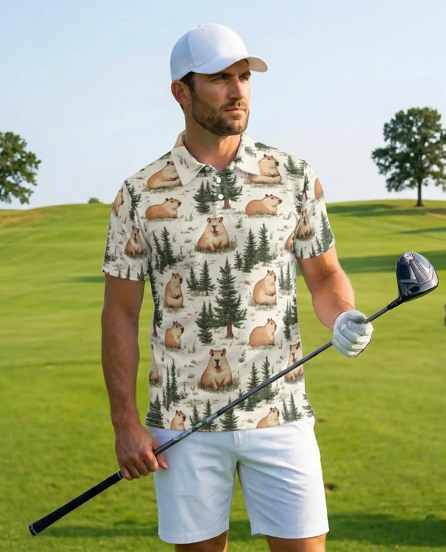 Capybara Forest Polo Shirt for Men-Cute Woodland Animal Nature | Azhawaiian