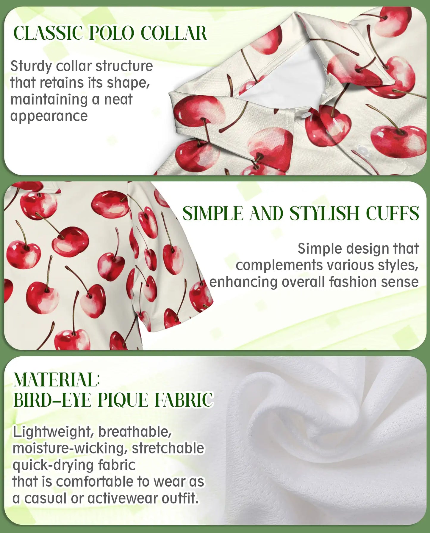 Cherry Print Polo Shirt, Cute Fruit Summer Style | Azhawaiian