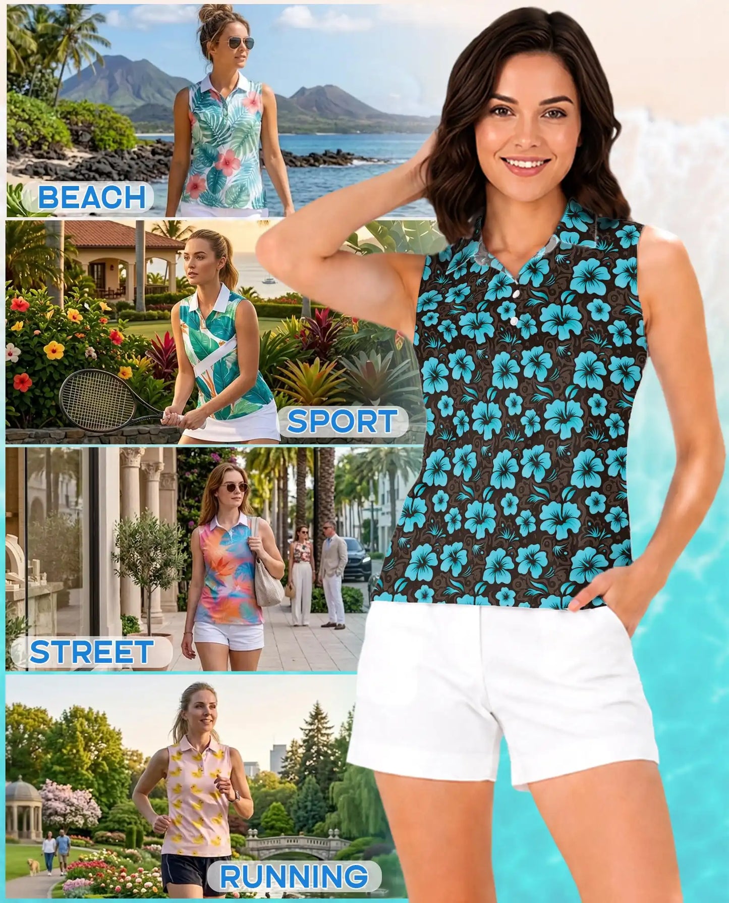 Cyan Hibiscus Print Sleeveless Polo Shirt for Women | Azhawaiian
