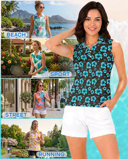 Cyan Hibiscus Print Sleeveless Polo Shirt for Women | Azhawaiian