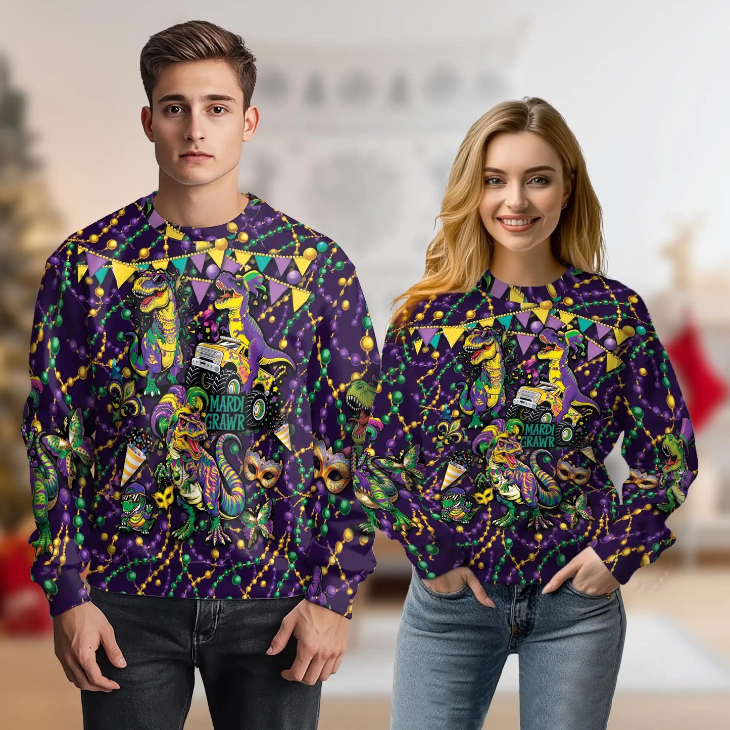 Mardi Gras Dinosaur Sweatshirt – Colorful Graphic 3D All Over Print Design