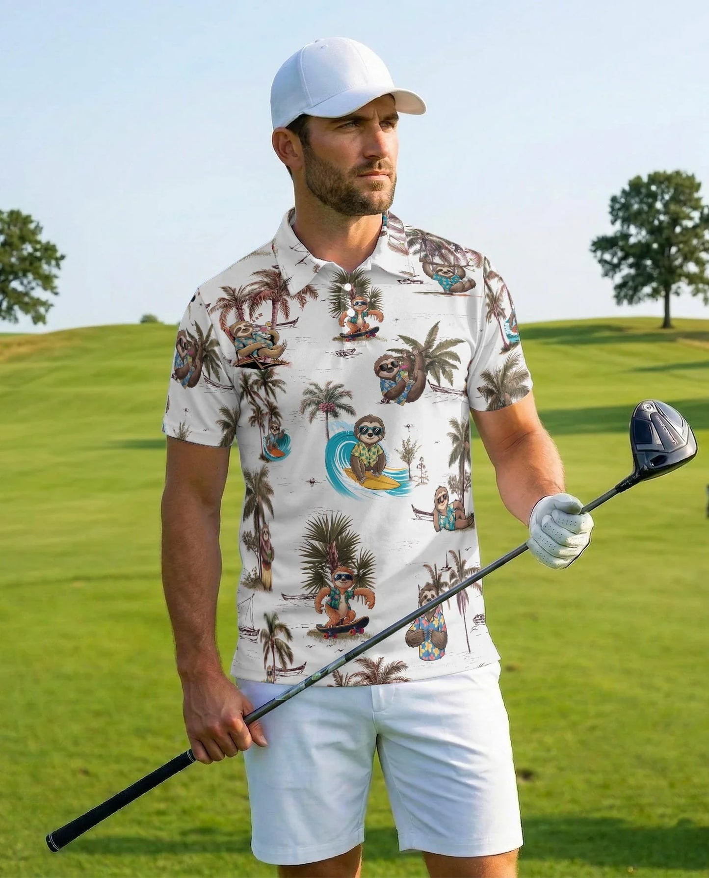Funny Sloth Summer Beach Polo Shirt for Men, Tropical Animal Style | Azhawaiian