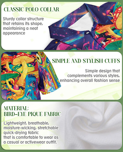 Psychedelic Mushroom Art 3D Polo Shirt for Men, Neon Trippy Fantasy Style | Azhawaiian