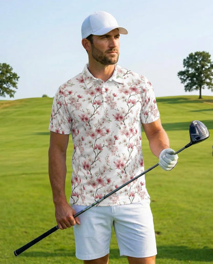 Cherry Blossom Pattern Polo Shirt for Men, Japanese Floral Style | Azhawaiian