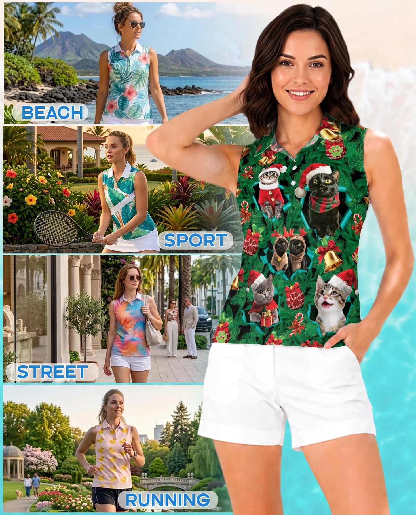 Cats Christmas Sleeveless Polo Shirt for Women, Cute Holiday Style | Azhawaiian