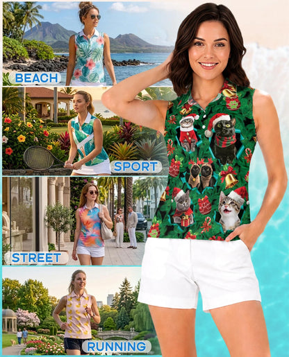 Cats Christmas Sleeveless Polo Shirt for Women, Cute Holiday Style | Azhawaiian