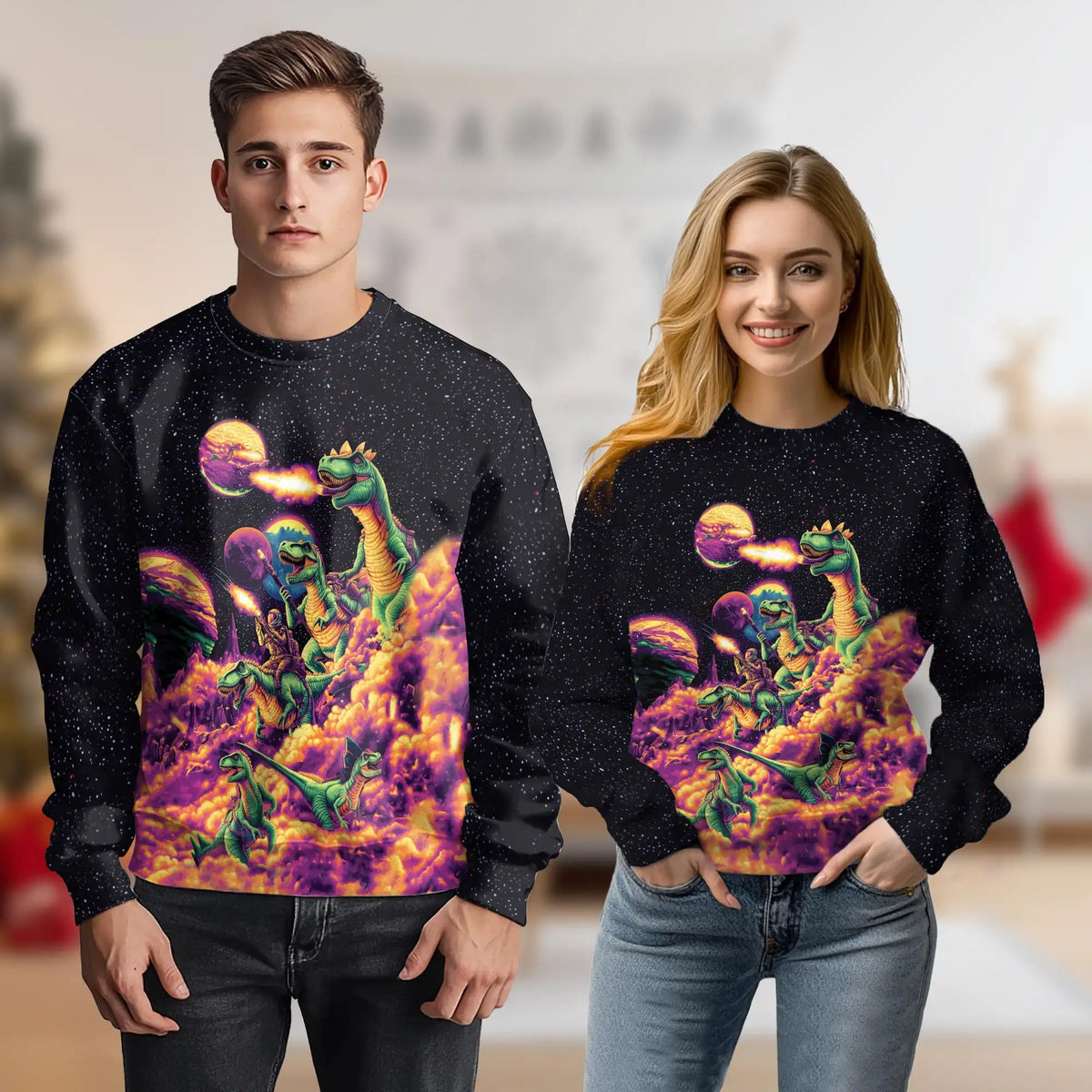 Galaxy Dinosaurs Sweatshirt – Colorful Graphic 3D All Over Print Design