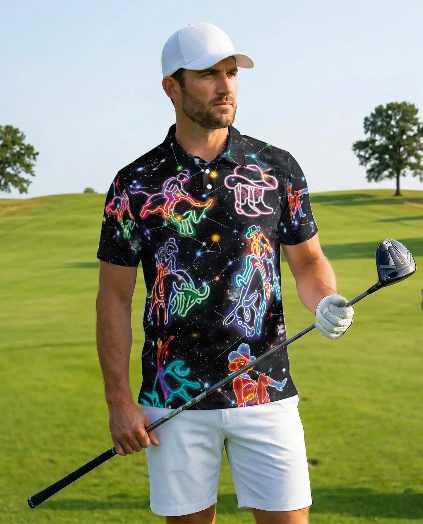 Neon Cowboy Constellation Polo Shirt-Western Galaxy Design | Azhawaiian