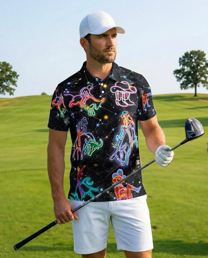 Neon Cowboy Constellation Polo Shirt-Western Galaxy Design | Azhawaiian