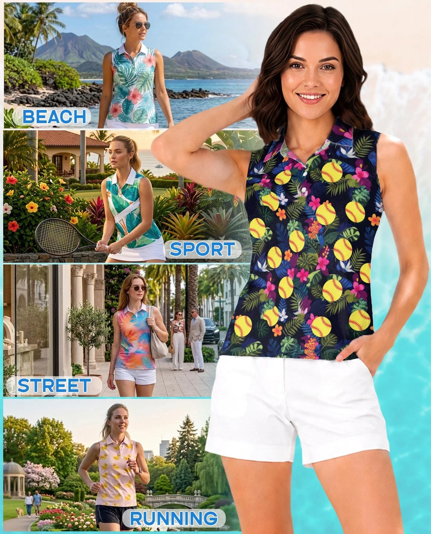 Softball Simple Hibiscus Sleeveless Polo Shirt for Women | Azhawaiian
