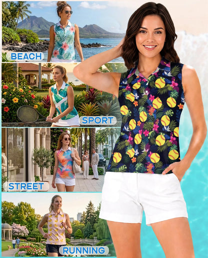 Softball Simple Hibiscus Sleeveless Polo Shirt for Women | Azhawaiian