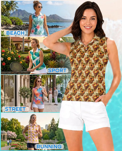 Pumpkin And Sunflower Basket Pattern Sleeveless Polo Shirt for Women  | Azhawaiian