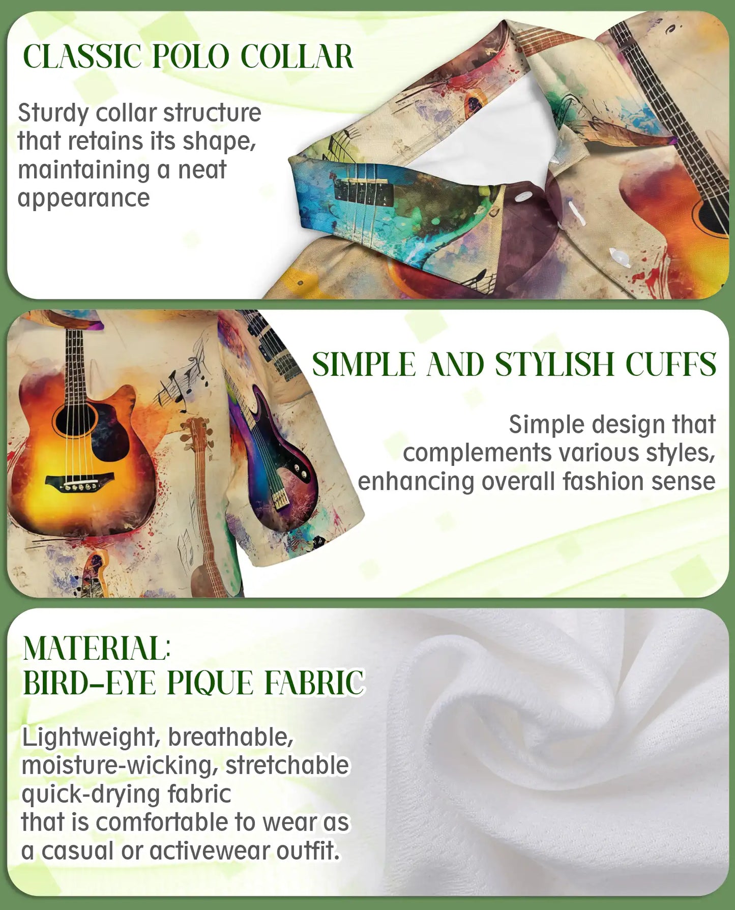 Watercolor Guitar Polo Shirt, Artistic Music Print | Azhawaiian