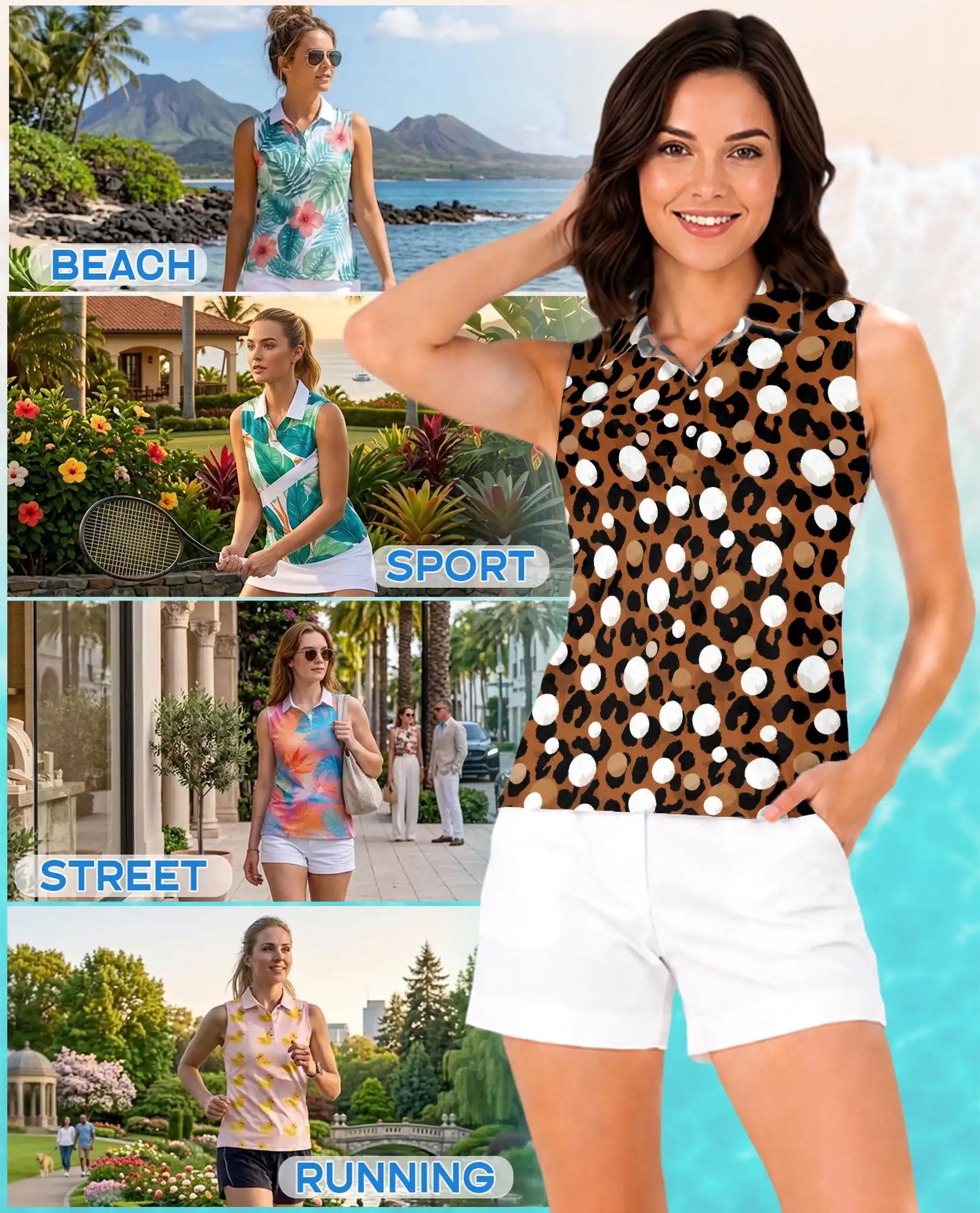 Leopard Polka Dot Print Sleeveless Polo Shirt for Women | Azhawaiian