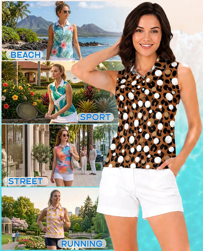 Leopard Polka Dot Print Sleeveless Polo Shirt for Women | Azhawaiian
