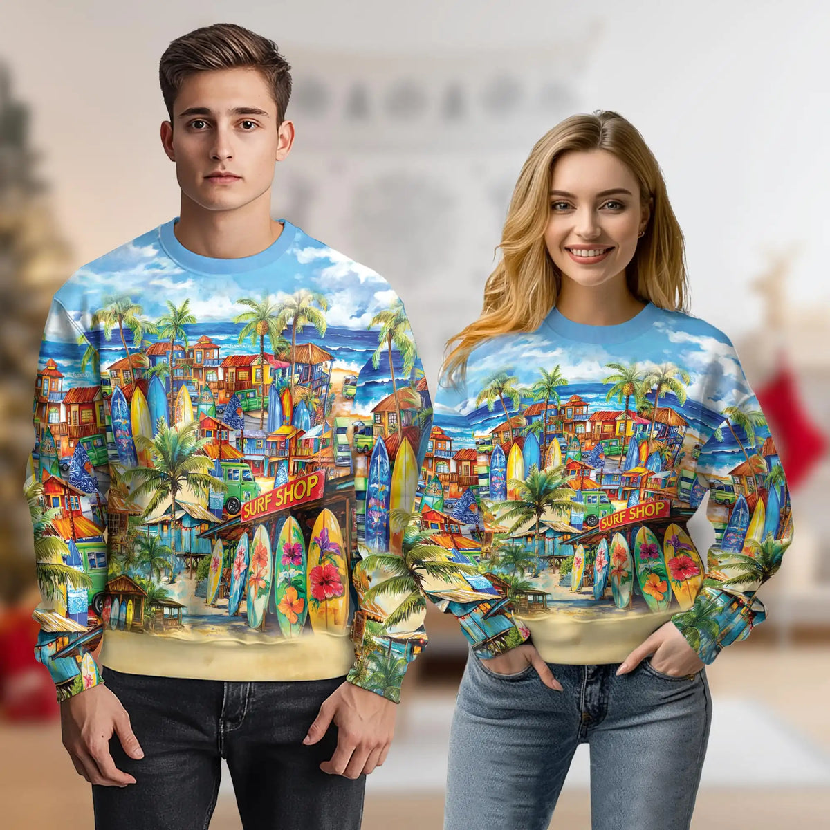 Vintage Surf Shop Beach Scene Pattern Sweatshirt – Vintage 3D All Over Print Design