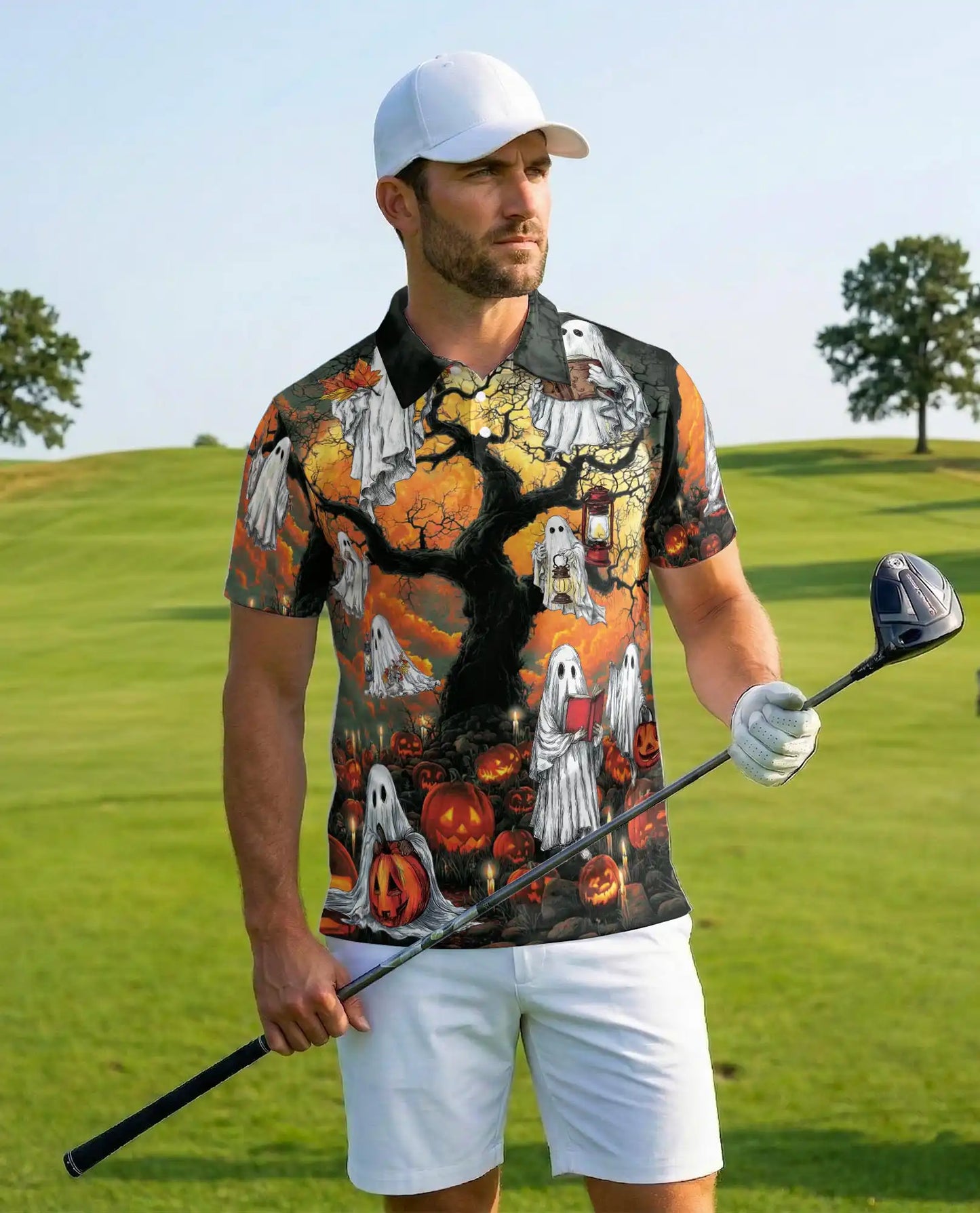 Halloween Ghost Polo Shirt, Spooky Pumpkin Patch Print | Azhawaiian