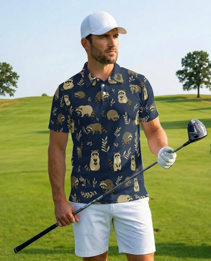 Raccoon Pattern Polo Shirt for Men, Cute Wildlife Animal Style | Azhawaiian