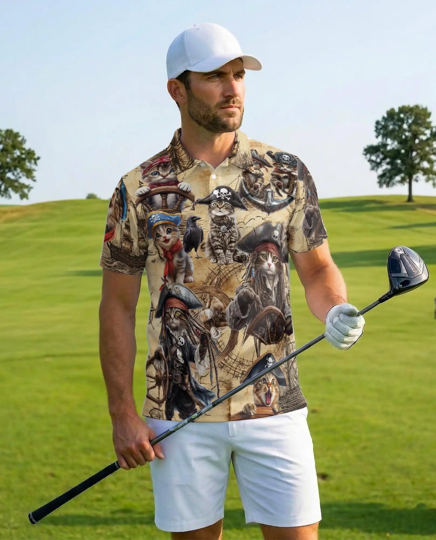 Pirate Cat Polo Shirt - Nautical Pirate Kitten Adventure Design | Azhawaiian