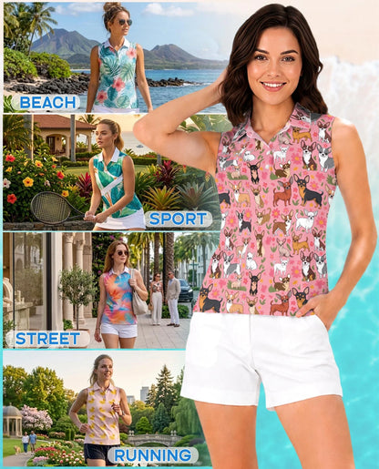 Floral Chihuahua Sleeveless Polo Shirt for Women | Azhawaiian