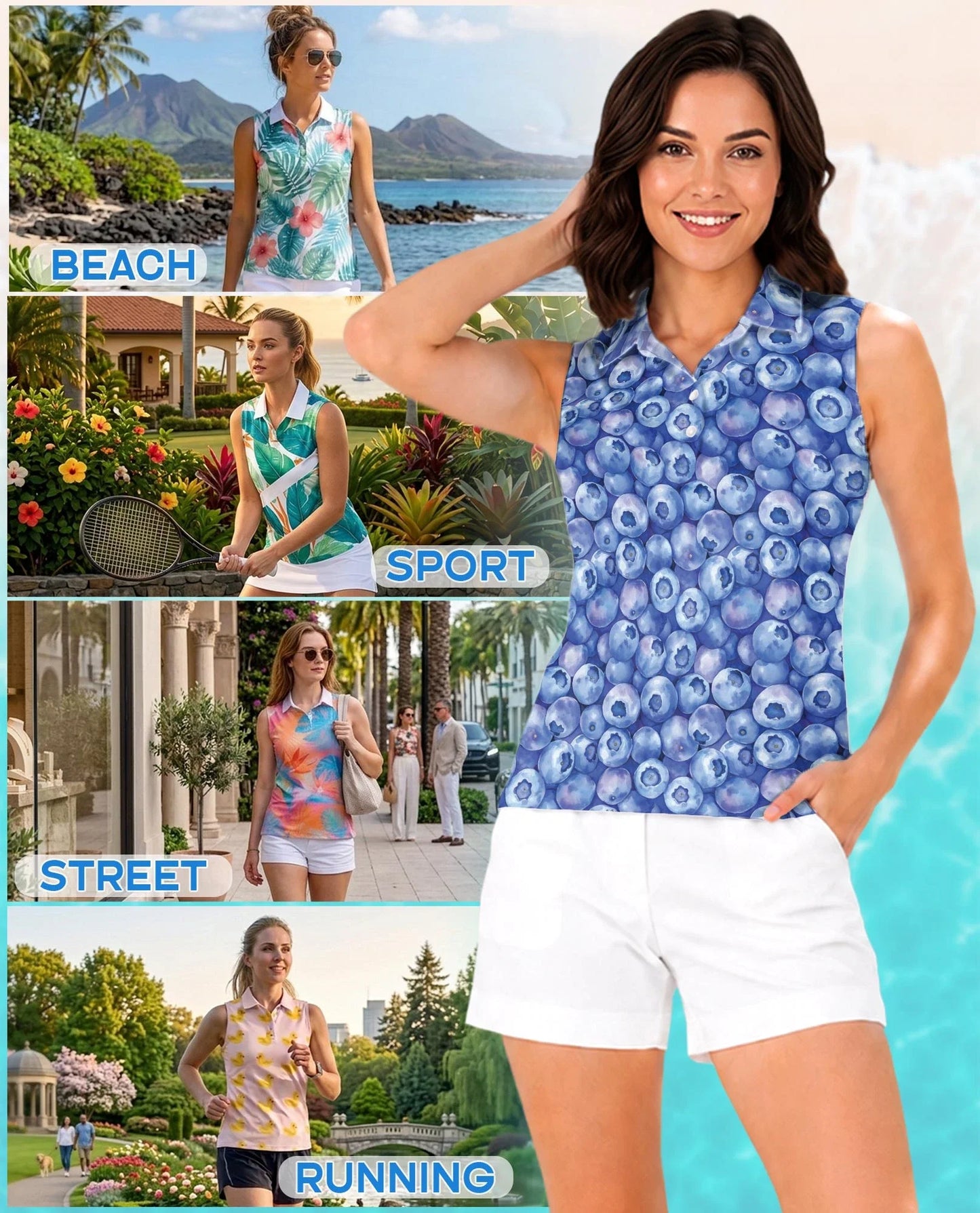 Blueberry Pattern Sleeveless Polo Shirt for Women, Fresh Fruit Summer Style | Azhawaiian