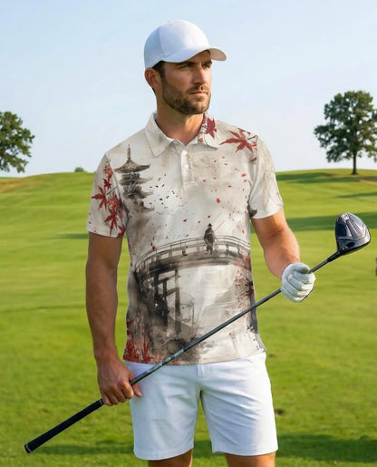 Japanese Ink Landscape Polo Shirt - Zen Asian Art Style | Azhawaiian
