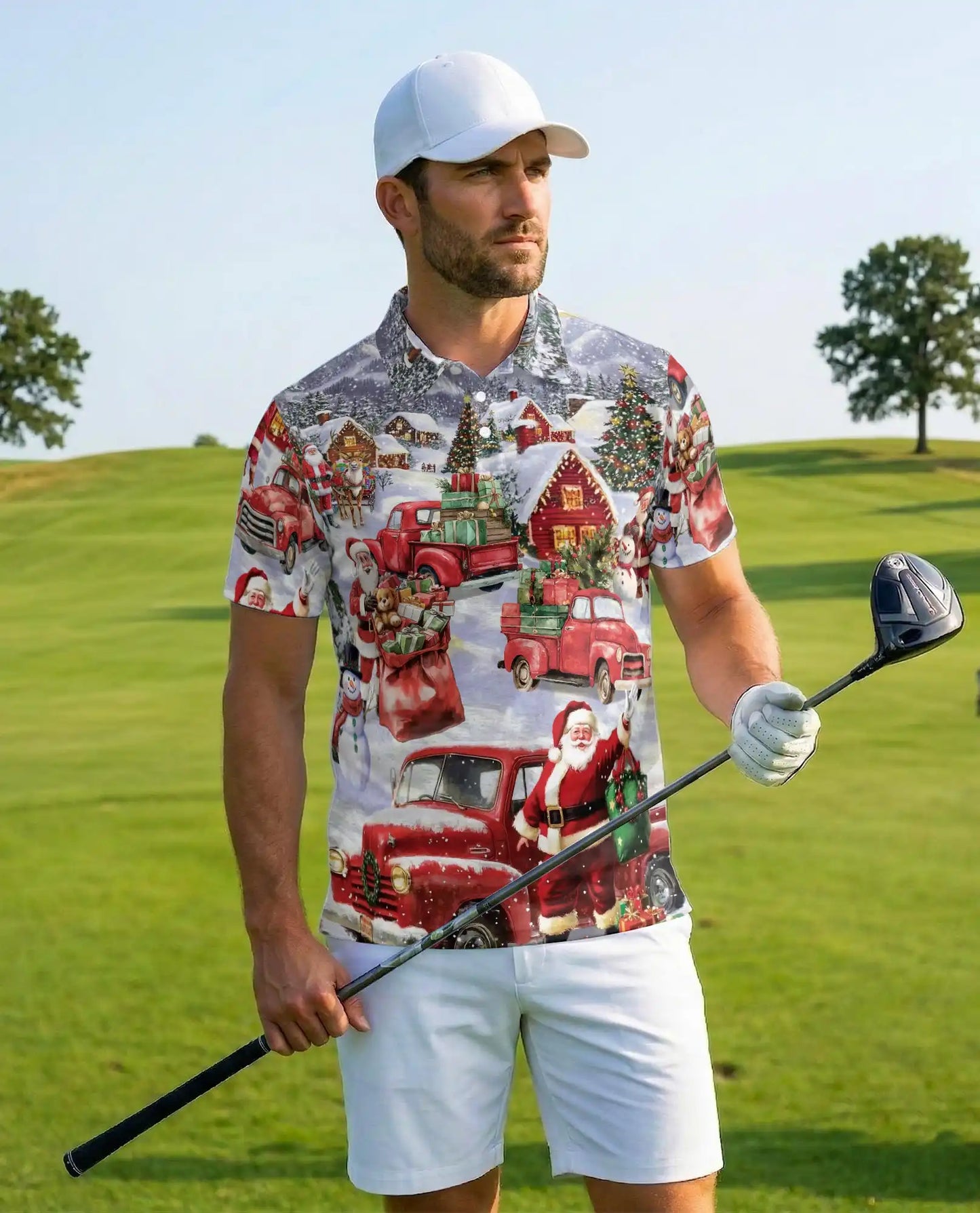 Vintage Christmas Truck 3D Polo Shirt for Men, Santa Holiday Village Style | Azhawaiian