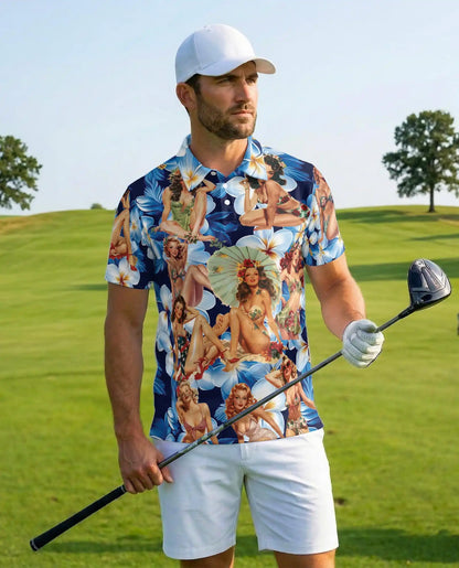Vintage Pin-Up Girl Polo Shirt for Men - Tropical Plumeria | Azhawaiian