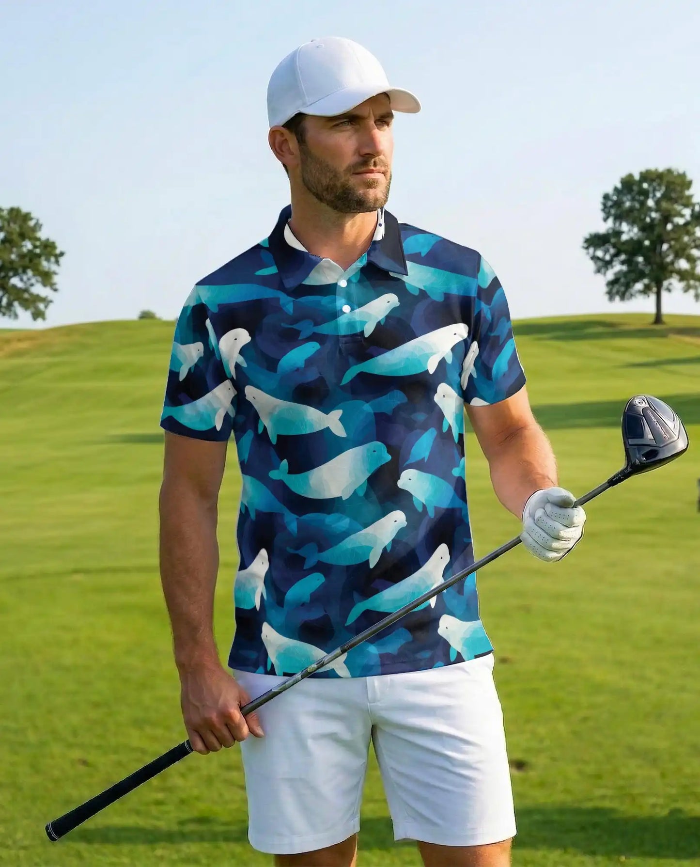 Beluga Whale Polo Shirt for Men, Ocean Wildlife Style | Azhawaiian
