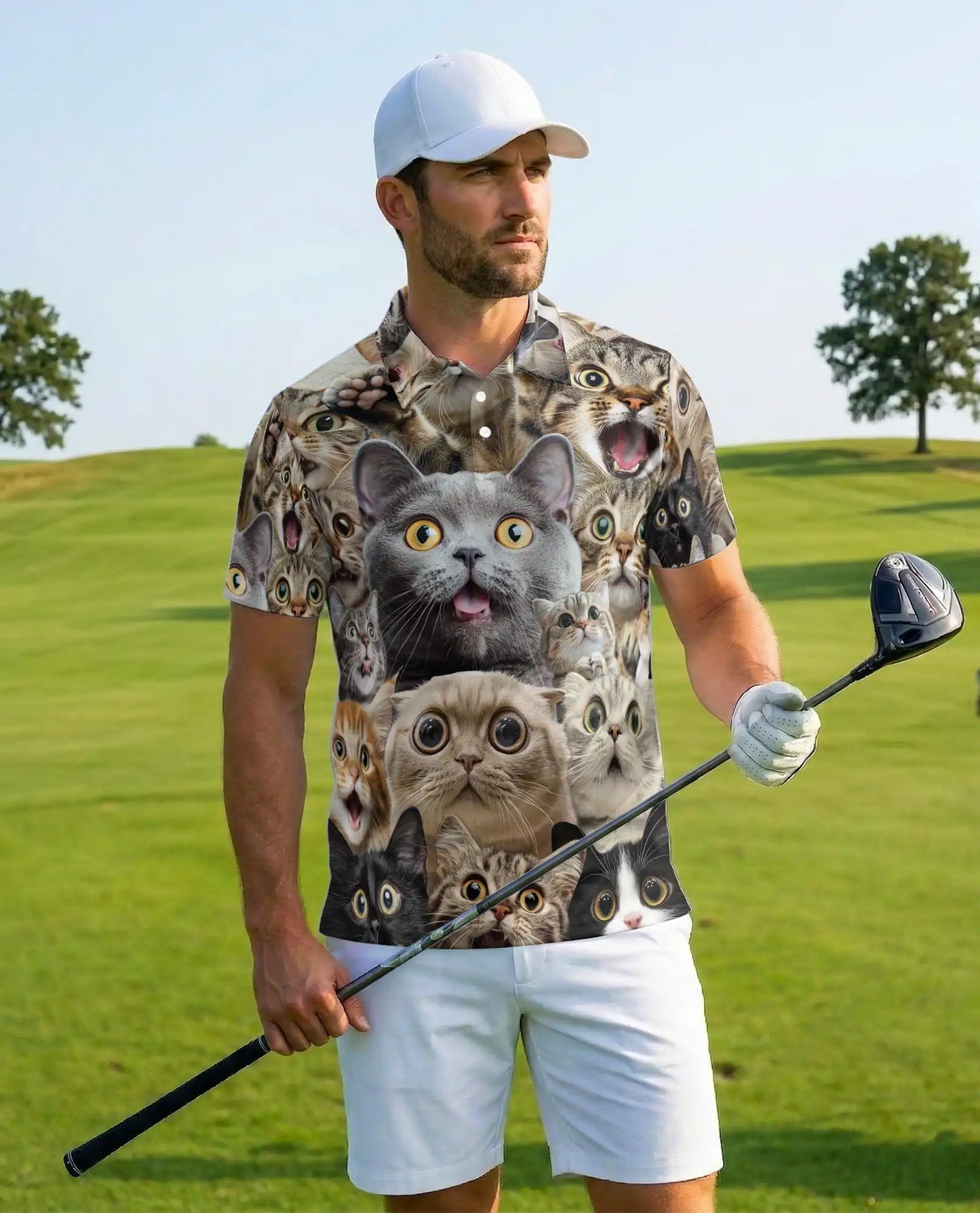 Funny Cat Faces Polo Shirt for Men - Cute Cat Lover | Azhawaiian