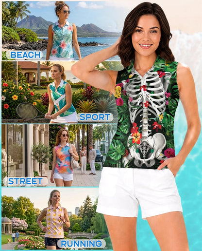 Tropical Floral Skeleton Print Sleeveless Polo Shirt for Women | Azhawaiian