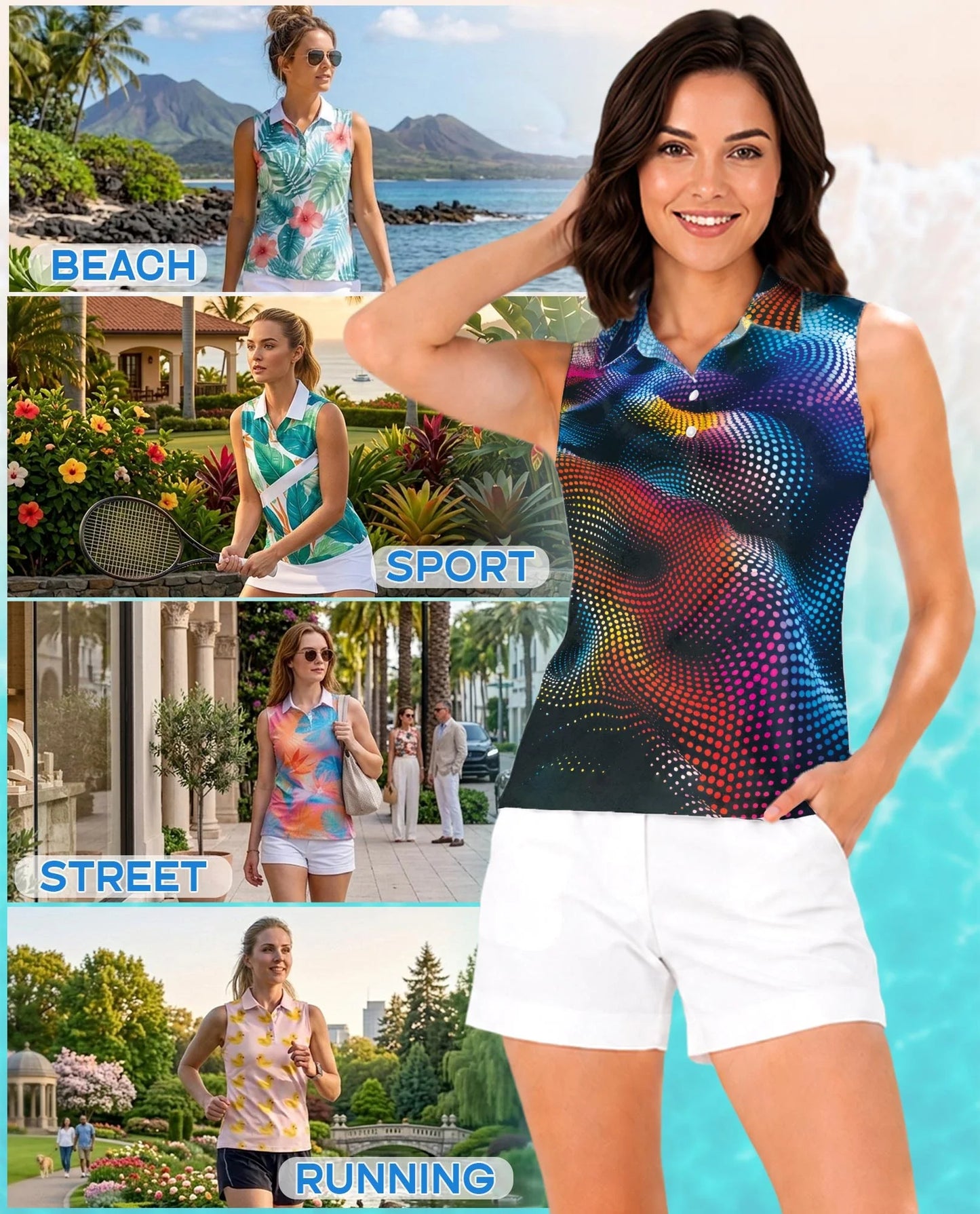 Dynamic Dots Sleeveless Polo Shirt for Women | Azhawaiian
