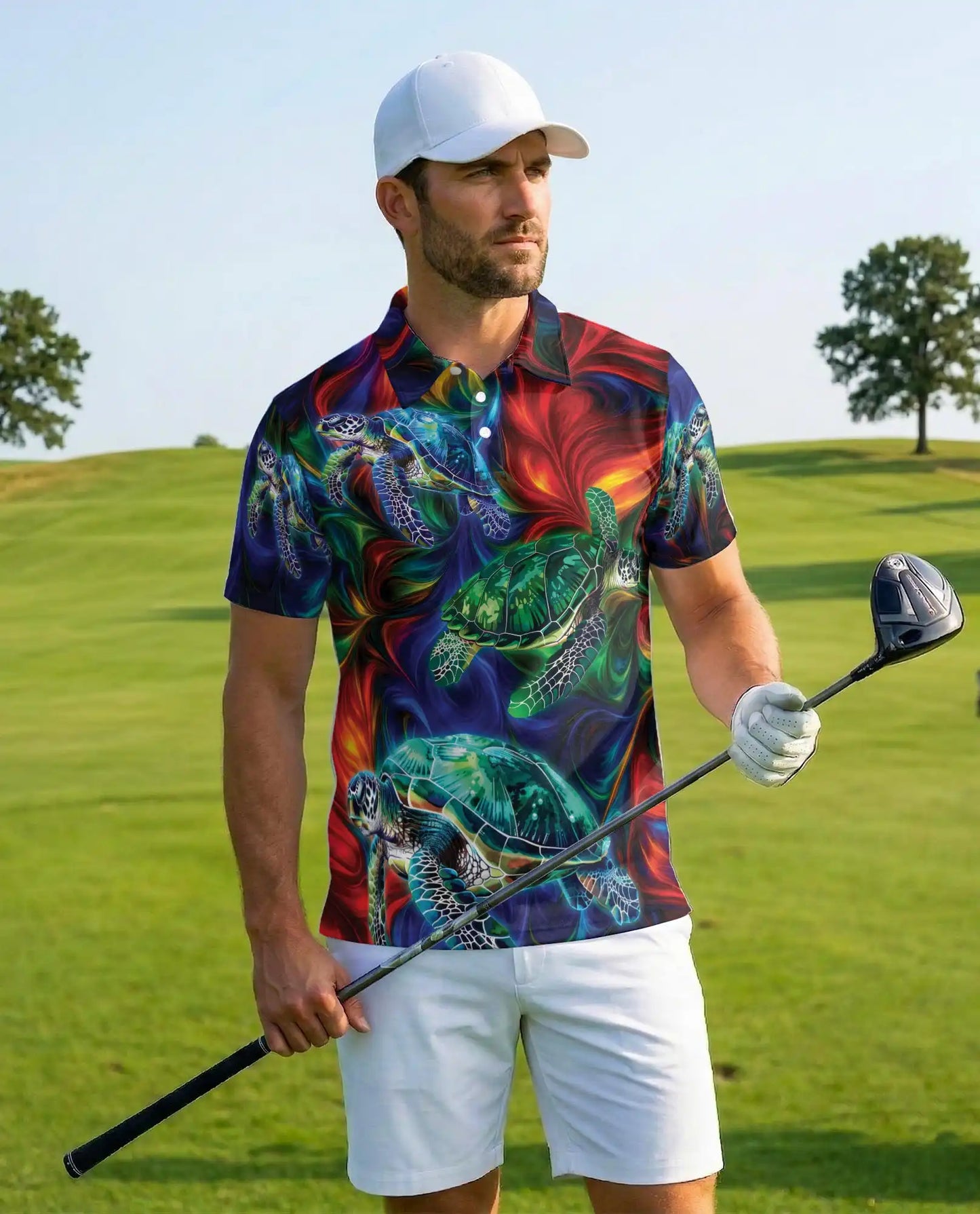 Vibrant Sea Turtle Polo Shirt for Men, Colorful Ocean Design | Azhawaiian