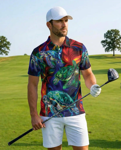 Vibrant Sea Turtle Polo Shirt for Men, Colorful Ocean Design | Azhawaiian