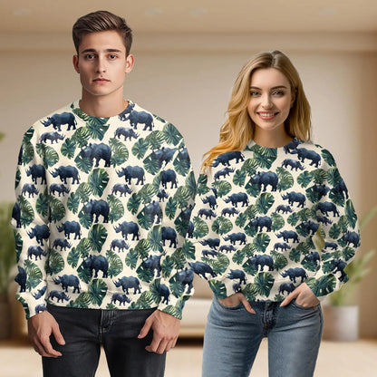 Rhino and Monstera Leaf Pattern Sweatshirt – Tropical 3D All Over Print Design