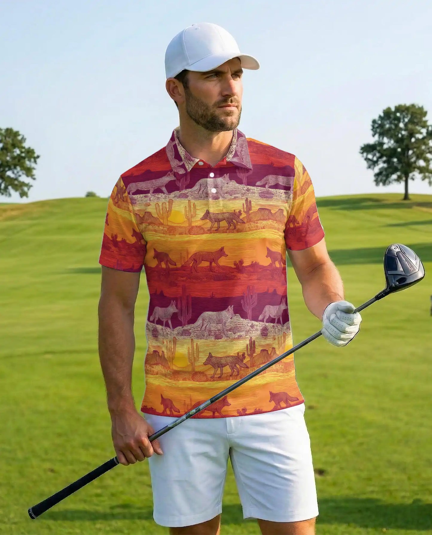 Desert Coyote Polo Shirt for Men, Western Sunset Style | Azhawaiian