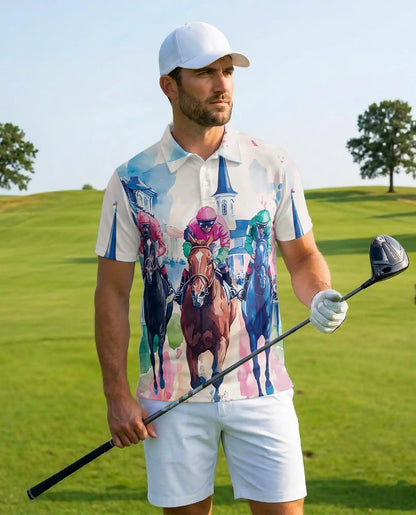 Horse Racing Polo Shirt - Watercolor Derby Jockey Style | Azhawaiian