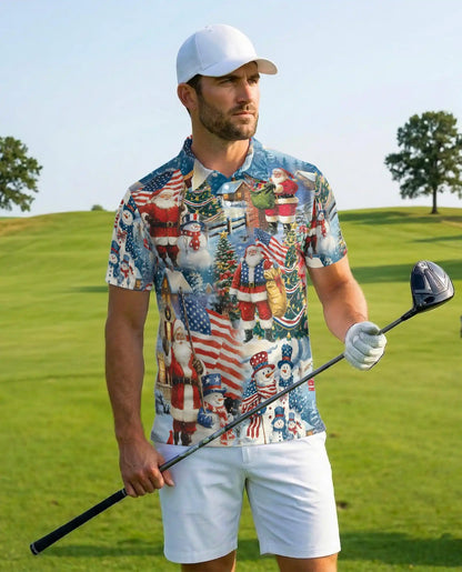 Patriotic Christmas Santa Polo Shirt for Men- Patten American Flag Santa | Azhawaiian
