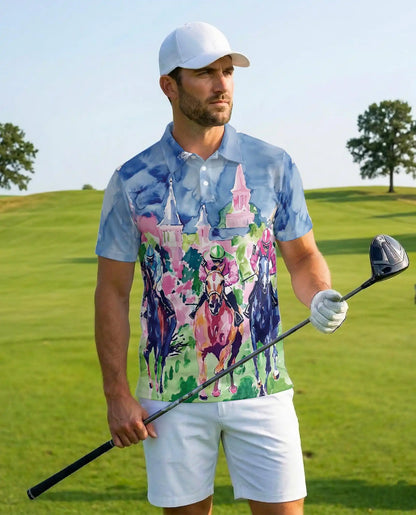 Horse Racing Art Polo Shirt, Colorful Derby Style | Azhawaiian