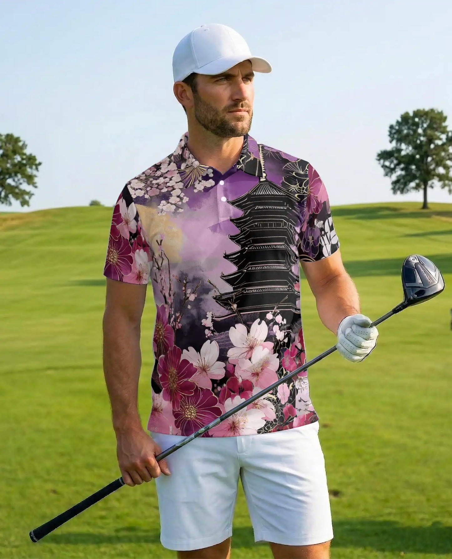 Sakura Pagoda Polo Shirt - Japanese Floral Art Style | Azhawaiian