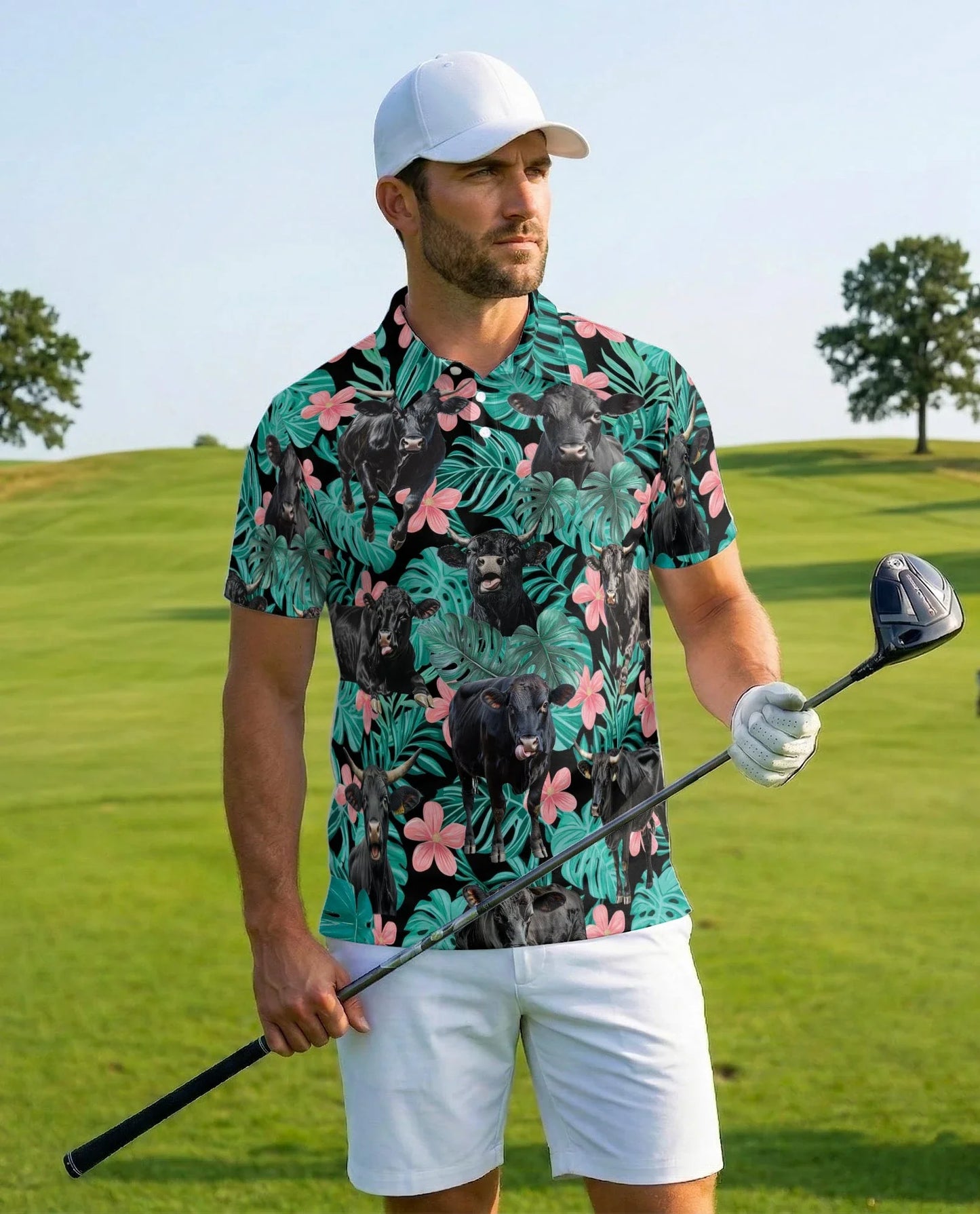 Tropical Black Cow Polo Shirt for Men, Farm Animal Lover Style | Azhawaiian