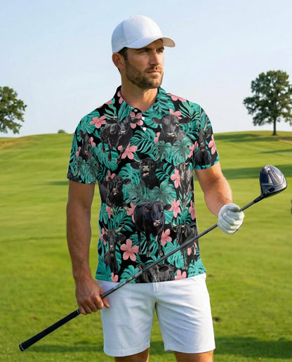 Tropical Black Cow Polo Shirt for Men, Farm Animal Lover Style | Azhawaiian